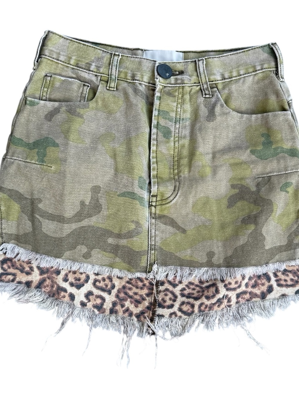 One Teaspoon Mini Skirt Sz 24 Fray Camo Vanguard denim High Low Leopard Raw Hem